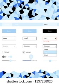 Light BLUE vector ui ux kit in triangular style. Colorful ui/ux kit with header consisted of triangles. This sample is for your website.