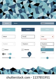 Light BLUE vector ui ux kit in triangular style. Ui Ux kit with colorful polygonal background in its header. Simple colorful design for websites.