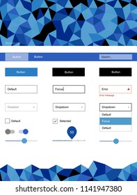 Light BLUE vector ui ux kit in triangular style. Web ui kit with abstract gradient triangles in its header. This template you can use for landing pages.