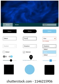 Light BLUE vector ui ux kit with space stars. Simple Material Design Kit with colorful clouds in header. Simple colorful design for websites.