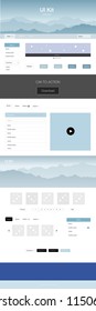 Light BLUE vector ui ux kit with hills and rocks. Web ui kit with abstract gradient hills in its header. This sample is for your tourist website.