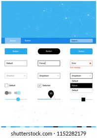 Light BLUE vector ui ux kit in triangular style with circles. Web ui kit with abstract triangles, circles in its header. This template you can use for websites.