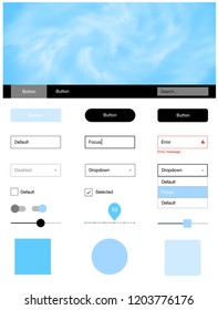Light BLUE vector ui ux kit with space stars. Modern Style guide with colorful gradient sky in its header. Simple colorful design for websites.