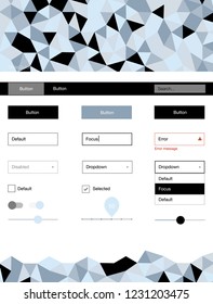 Light BLUE vector ui ux kit in triangular style. Web ui kit with abstract gradient triangles in its header. This sample is for your website.