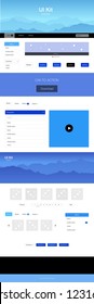 Light BLUE vector ui ux kit with hills and rocks. Web ui kit with abstract gradient hills in its header. Simple colorful design for tourist websites.