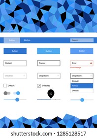 Light BLUE vector ui ux kit in triangular style. Colorful ui/ux kit with header consisted of triangles. This template you can use for landing pages.