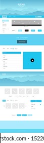 Light BLUE vector ui ux kit with hills and rocks. Web ui kit with abstract gradient hills in its header. Modern template for your landing page.