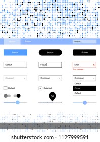 Light BLUE vector web ui kit with spheres. Simple Material Design Kit with colorful dots in header. This template you can use for websites.