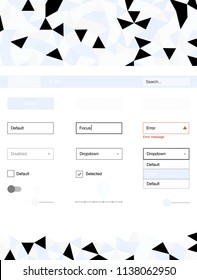 Light BLUE vector web ui kit in polygonal style. Web ui kit with abstract gradient triangles in its header. Simple colorful design for websites.