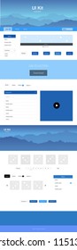 Light BLUE vector web ui kit with mountains. Simple Material Design Kit with colorful mountains in header. Simple colorful design for tourist websites.