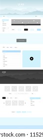 Light BLUE vector web ui kit with mountains. Modern Style guide with colorful gradient mountains in its header. Template for landing pages of leisure.