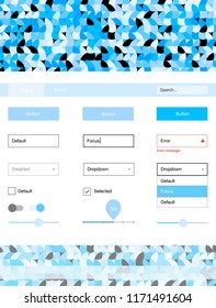 Light BLUE vector web ui kit with spheres. Simple Material Design Kit with colorful dots in header. This template you can use for websites.