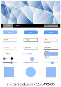 Light BLUE vector web ui kit in polygonal style. Web ui kit with abstract gradient triangles in its header. Beautiful layout for websites, landing pages.