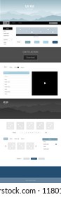 Light BLUE vector web ui kit with mountains. Beautiful ui ux kit with colorful mountains in its header. Template for landing pages of leisure.