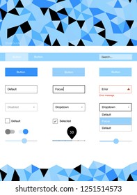 Light BLUE vector web ui kit in polygonal style. Simple Material Design Kit with colorful mosaic of triangles. This sample is for your website.