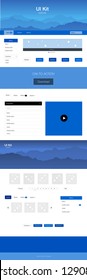 Light BLUE vector wireframe kit with nature. Web ui kit with abstract gradient hills in its header. Sample for your landing page of tourism.