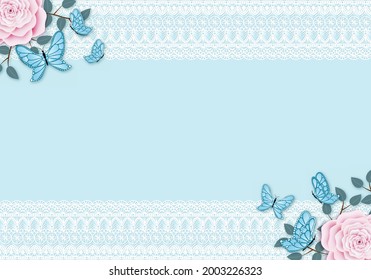 Light blue vintage background with white lace frame. Pastel colored pink rose with leafy branches and flying butterfly decoration. Copy space for the text.