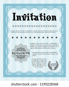 Light blue Vintage invitation. Artistry design. Vector illustration. With guilloche pattern. 