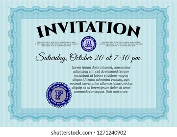 Light blue Vintage invitation. Artistry design. Customizable, Easy to edit and change colors. With guilloche pattern. 