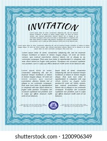Light blue Vintage invitation. With complex linear background. Sophisticated design. Detailed. 