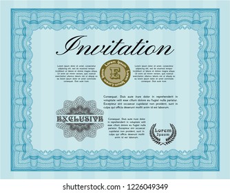 Light blue Vintage invitation. With complex linear background. Detailed. Cordial design. 