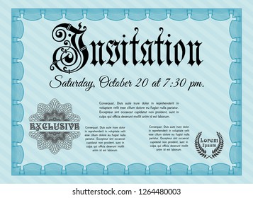 Light blue Vintage invitation. Complex background. Vector illustration. Superior design. 