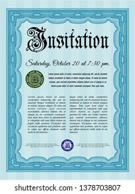 Light blue Vintage invitation. With complex linear background. Elegant design. Detailed. 