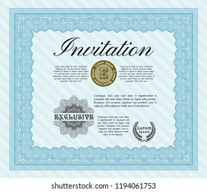 Light blue Vintage invitation. Cordial design. With great quality guilloche pattern. Vector illustration. 