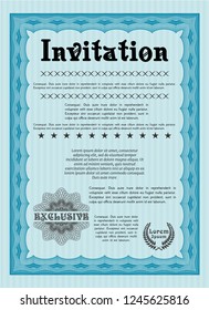 Light blue Vintage invitation. Detailed. With guilloche pattern. Elegant design. 