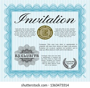 Light blue Vintage invitation. Detailed. With great quality guilloche pattern. Modern design. 