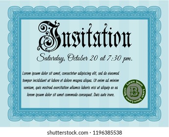 Light blue Vintage invitation. Easy to print. Artistry design. Detailed. 