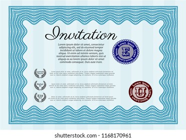 Light blue Vintage invitation. Excellent design. With guilloche pattern. Vector illustration. 