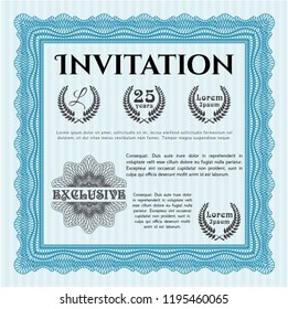 Light blue Vintage invitation. Excellent design. Detailed. With complex linear background. 