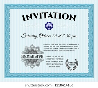 Light blue Vintage invitation. Excellent design. Vector illustration. With complex linear background. 