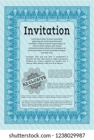 Light blue Vintage invitation. Excellent design. Vector illustration. With great quality guilloche pattern. 