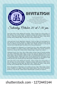 Light blue Vintage invitation. Excellent design. Detailed. With complex linear background. 