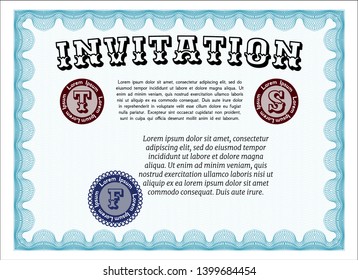 Light blue Vintage invitation. Good design. With guilloche pattern. Vector illustration. 