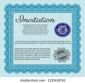 Light blue Vintage invitation. With guilloche pattern and background. Detailed. Money Pattern. 