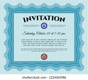 Light blue Vintage invitation. With linear background. Artistry design. Detailed. 