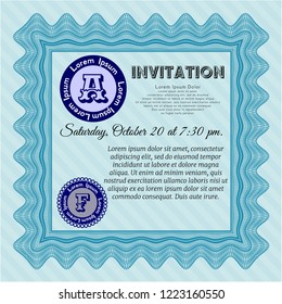 Light blue Vintage invitation. Modern design. Vector illustration. With guilloche pattern and background. 
