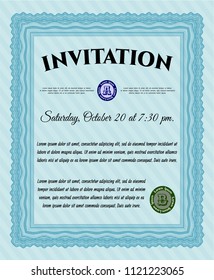Light blue Vintage invitation. Money design. Vector illustration. With complex linear background. 