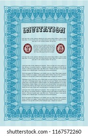 Light blue Vintage invitation. Money style design. Detailed. With linear background. 