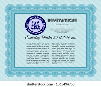 Light blue Vintage invitation. Money design. Detailed. With guilloche pattern and background. 