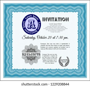 Light blue Vintage invitation. Nice design. Customizable, Easy to edit and change colors. With complex linear background. 