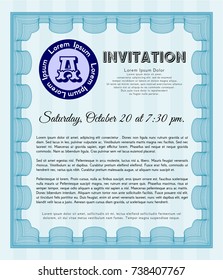 Light blue Vintage invitation. Printer friendly. Detailed. Elegant design. 
