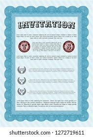 Light blue Vintage invitation. Retro design. With linear background. Detailed. 