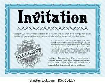 Light blue Vintage invitation template. With linear background. Detailed. Elegant design. 