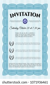  Light blue Vintage invitation template. Vector illustration. With linear background. Beauty design. 