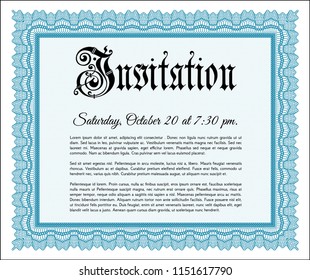 Light blue Vintage invitation template. With great quality guilloche pattern. Cordial design. Customizable, Easy to edit and change colors. 