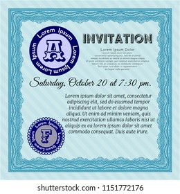 Light blue Vintage invitation template. Easy to print. Detailed. Retro design. 